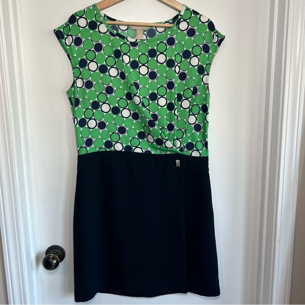 Banana Republic Green White Polka Dot Navy Skirt Cap Sleeve Midi Dress, Size 8